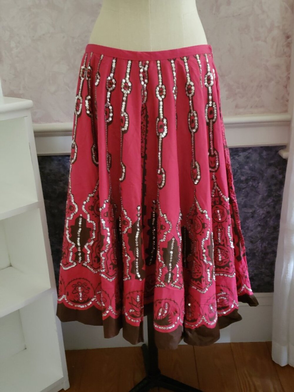 WD.NY pink brown silver sequin full circle skirt 10